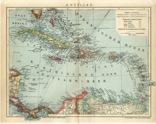1906 Cuba Jamaica Puerto Rico Bahamas Haiti Antiles Dominican Republic Map Dated