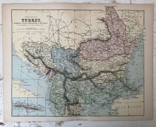 Antique Map Of Turkey,  Romania,  Servia,  Montenegro And Bulgaria Circa 1899