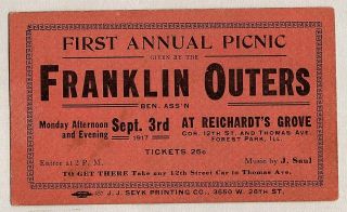1917 Forest Park Il Franklin Outers Ben.  Assn.  1st Annual Picnic Tickets 25¢