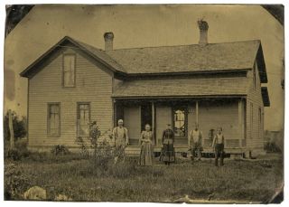 1870s Tintype 5x7 Mi Outdoor View,  Family Home,  Potato Planter,  Bottle,  Buck Saw