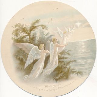 1880s Victorian Round Christmas Card,  Angels Ascending,  Bright & Merry Christmas
