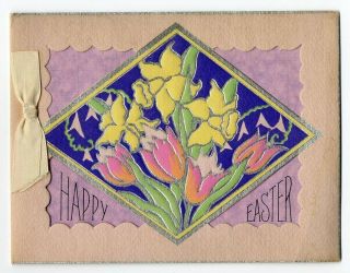 Tulips Daffodils 1933 Easter Open Up Card Ribbon Art Deco Style