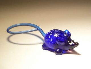 Blown Glass Art Animal Small Blue Mouse Rat Figurine With A Long Tail