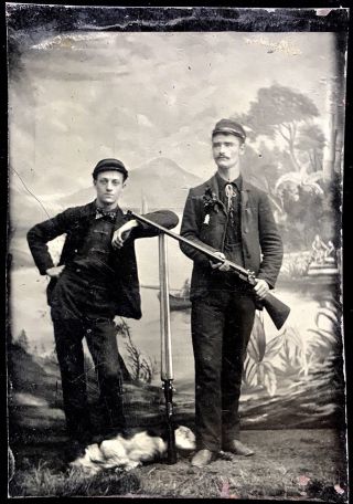 1/6 Plate Tintype - Two Gents & Hunting Dog,  Shotguns - " A Huntin 