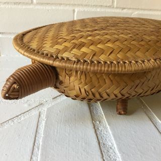 Vintage Hand Woven Turtle Large Rattan Wicker 13 " Covered Round Basket W/lid