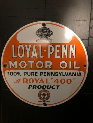 12in Loyal Penn Royal 400 Gasoline Porcelain Enamel Sign Oil Gas Pump Plate