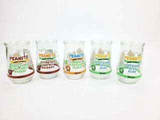 5 Welchs Peanuts Jelly Jar Glasses Snoopy Lucy Charlie Brown 1 3 3 6 7
