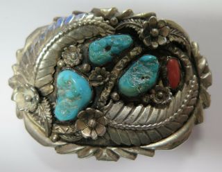 Vintage Native American Handmade Sterling Silver Turquoise Coral Belt Buckle 81g