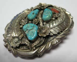 Vintage Native American Handmade Sterling Silver Turquoise Coral Belt Buckle 81g 2