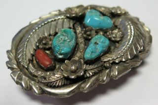 Vintage Native American Handmade Sterling Silver Turquoise Coral Belt Buckle 81g 3