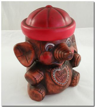 Elephant I Love You Cookie Jar Brown W/ Red Hat.  Stripes Above Eyes Blue & White