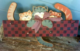 24 " Wood Hand Painted 3 Kitty Cat Wall 4 Peg Nails Hat Coat Rack