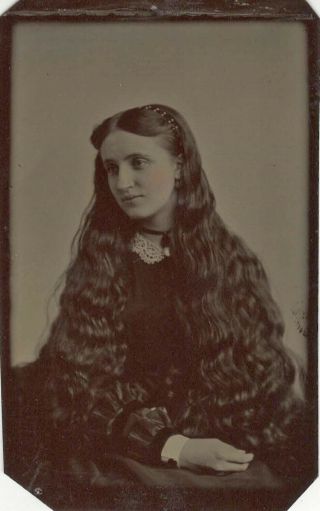 Portrait Tintype Of A Girl Showing Off Her Long,  Long Hair