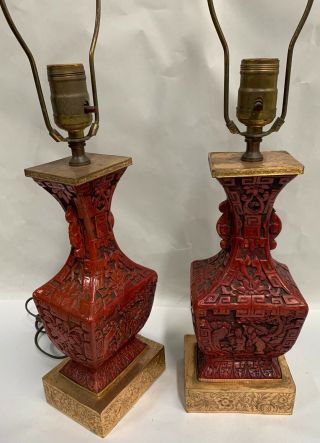 Vintage Pair Chinese Asian Oriental Carved Red Cinnabar Table Lamps Light (a50)