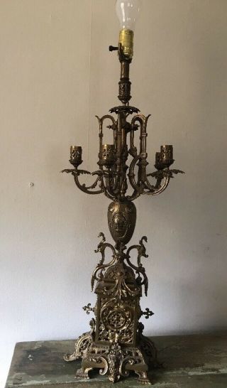 Vintage/antique Candelabra Table Lamp Ornate Brass Greek God Heads 5 - Light Wa