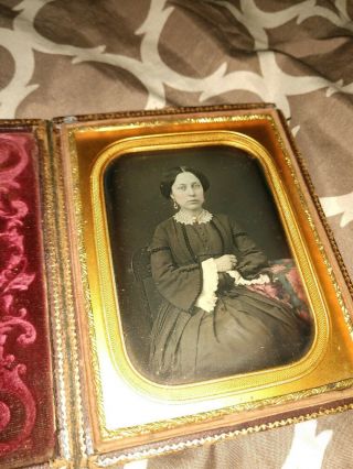 1/6 Plate Daguerreotype Of Serious Lady - Hand Painted - In Hinged Leather Case
