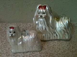 2 White Maltese Dogs With Red Bows Christmas Ornaments Glass Old World Christmas