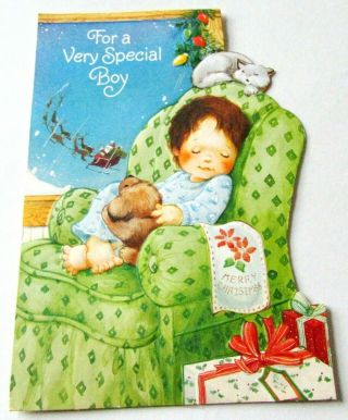 Vtg Christmas Card Boy Asleep In Chair Kitten Puppy Santa In Sleigh Window