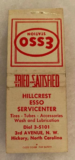 North Carolina Hillcrest Esso Service Matchbook Cover Tires Auto Oil Gas Fuel Nc