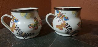 Mackenzie Childs Butterfly Garden White Coffee Mugs Set Of - 2 - Enamel - 16 Oz.