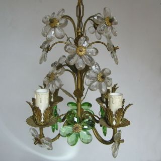 Vintage Bagues / Banci Gilt Tole Crystal Prisms Flowers Chandelier Ceiling Light