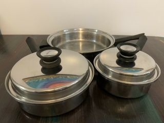Vintage Amway Queen 18/8 Stainless Steel Multi - Ply 5 Piece Pots & Pan Set W/lids