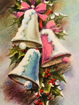 Vintage 60s Christmas Card Pink Blue Green Snowy Bells Ribbon Holly Berries
