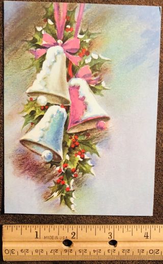 Vintage 60s Christmas Card Pink Blue Green Snowy Bells Ribbon Holly Berries 2