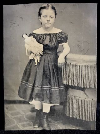Large 1/2 Plate Tintype - Attractive Child Leaning Against Posing Chair W/ Doll