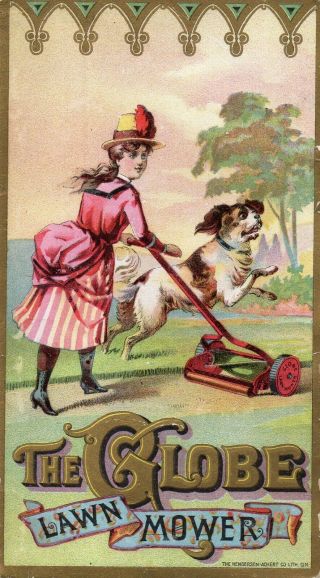 64082 Vintage Victorian Trade Card The Globe Lawn Mower W/ Girl & Dog Circa 1880