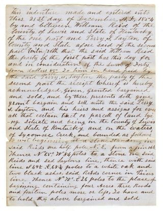 1854 Lewis County Ky Deed: William Reid To Perry Layton