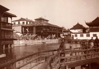 Old China Photo Shanghai Teahouse Street Scenes - - 2 X Orig 1900s Good Size