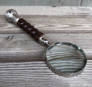 Large Wooden Handle Magnifying Glass 3 " Optical Brass Ring Nickel Finish
