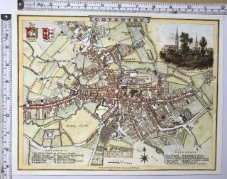 Old Antique Vintage Colour Map Coventry,  England: Early 1800 