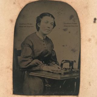 Tintype Occupational Photo Of Woman With A Grover & Baker Sewing Mach,  Colorized