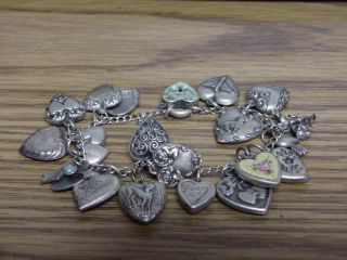 Vintage Sterling Charm Bracelet Puffy Hearts W/ 18 Charms Estate World Traveler