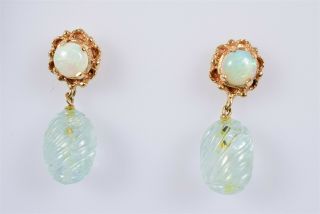 Vtg Mid - Century Modernist Earrings 14kt Yellow Gold Australian Opal Aquamarine