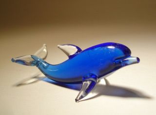 Blown Glass Figurine " Murano " Art Small Blue Dolphin