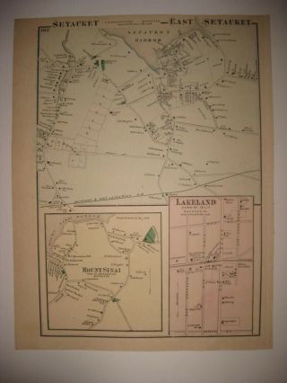 Antique 1873 East Setauket Mount Sinai Brookhaven Lakeland Islip York Map Nr