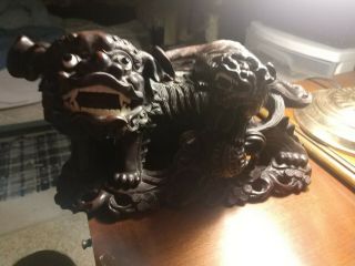 Vintage Large Chinese Wood Carving Pair Shishi Lion Foo Dog And Pup