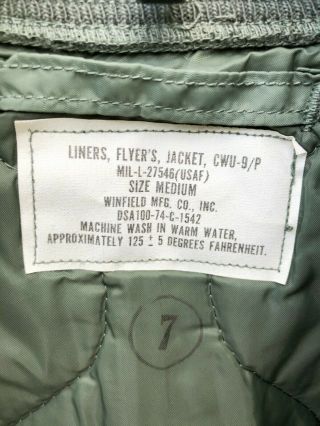 1974 US Air Force USAF Flyers CWU - 9/P Quilted Liner Jacket - Medium 2