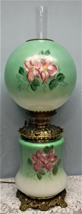 Vtg Electric Green W/ Pink Flower Floral Gwtw Parlor Oil Lamp Brass Hardware Usa