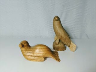 2 Hand Carved Wood Seals Sea Lion Marine Animals Nautical Folk Art Primitive