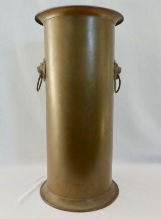 Vintage Solid Brass Umbrella Stand.  Each Side Features Lion Head & Ring.  22 " H.