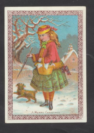 C10236 Victorian Goodall Xmas Card: Girl & Dog In Snow