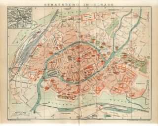 1895 Germany France Strasbourg Alsace City Plan Antique Map