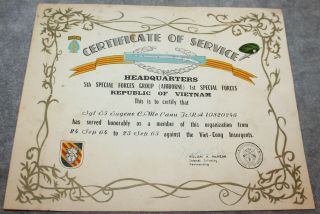 Vintage Certificate Of Service Green Beret Special Forces Vietnam War