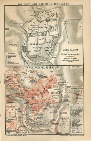 1896 Jerusalem And Old City Israel Palestine Antique Map Dated
