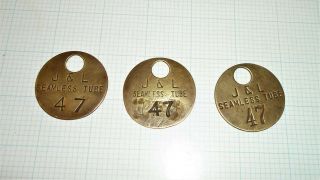 3 - Vintage J & L Steel Corp.  Brass Machine Tags,  Pittsburgh,  Pa