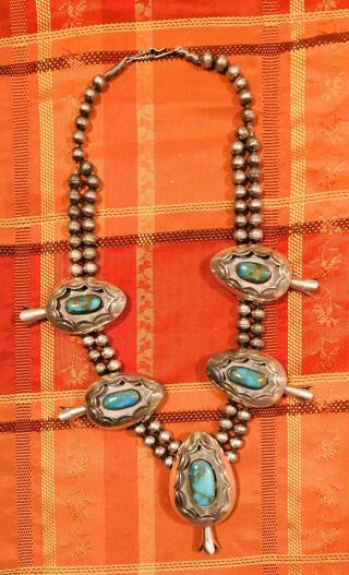 Vintage Tom Long Navajo Sterling Silver Turquoise Squash Blossom Necklace